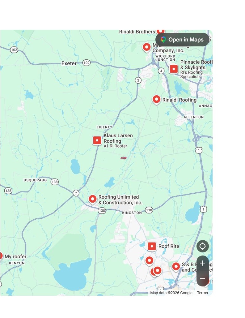 The map beside that Google results page: southern Rhode Island around Exeter, North Kingstown and Kingston, with red pins marking each roofing business and Google's map data attribution in the bottom corner.