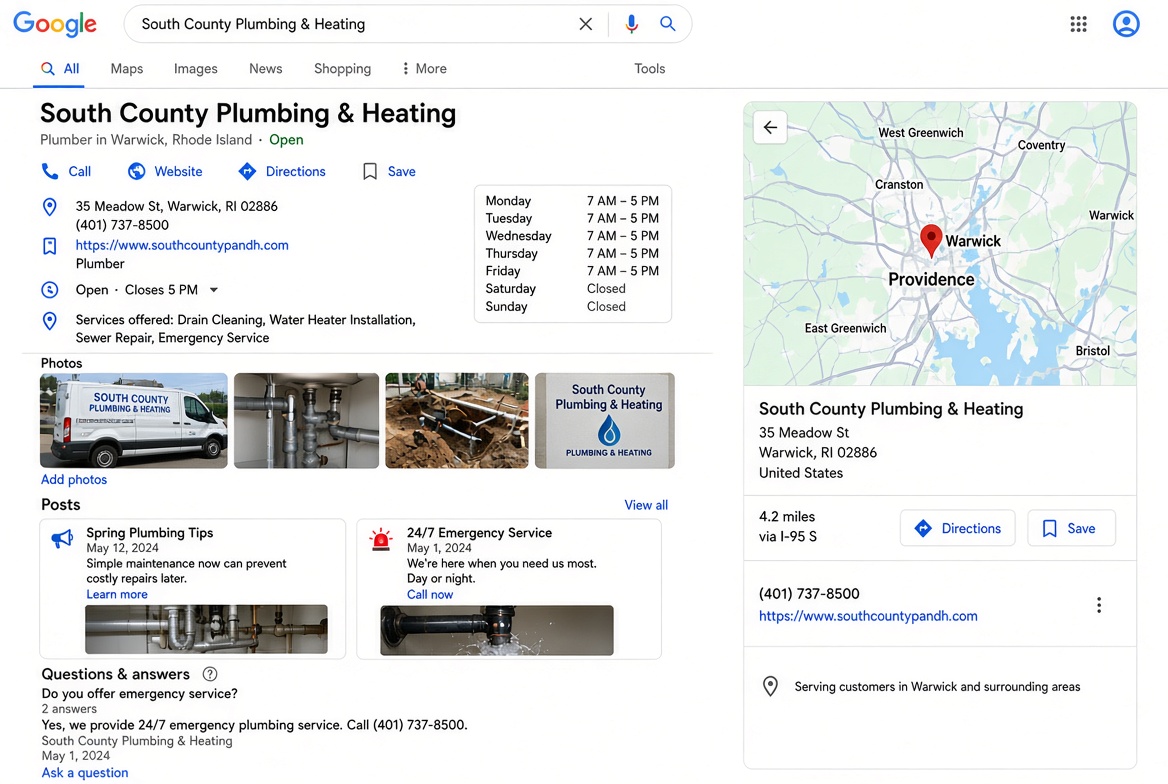 A completed Google Business Profile with the right categories, services, hours, and photos filled in